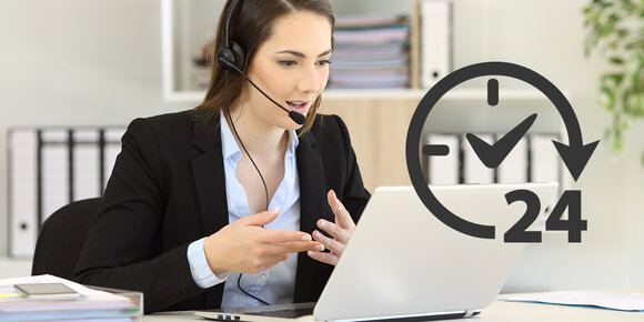 A woman in a headset communicates via laptop, indicating 24-hour support with a clock symbol.