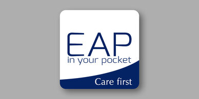 Logo for EAP, featuring the text "EAP in your pocket" and "Care first," emphasising accessibility and support.
